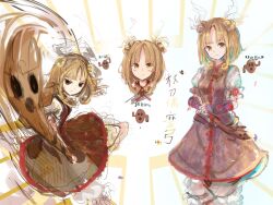  1girl armor armored_dress blonde_hair blush bow brown_dress closed_mouth commentary_request double_bun dress hair_bow hair_bun haniwa_(statue) highres holding_statuette joutouguu_mayumi parted_bangs puffy_short_sleeves puffy_sleeves red_ribbon ribbon shirt short_sleeves swinging_weapon touhou translation_request uwazumi white_bow white_shirt 