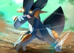  commentary_request glowing glowing_eyes mitsukuma448 no_humans outdoors pokemon pokemon_(creature) solo swampert 