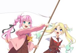  1girl ahoge anyoji_hime aqua_hair black_ribbon blonde_hair blue_eyes brown_dress commentary_request cowboy_shot curtained_hair dress fang flag flower gradient_hair hair_flower hair_intakes hair_ornament hair_ribbon hasu_no_sora_school_uniform holding holding_flag hood hood_down hooded_jacket jacket long_sleeves love_live! love_live!_hasu_no_sora_jogakuin_school_idol_club mira-cra_park! multi-tied_hair multicolored_hair neckerchief open_clothes open_jacket osawa_rurino parted_bangs pink_flower pink_jacket pleated_dress ponytail qy73 red_neckerchief ribbon sailor_collar sailor_dress school_uniform simple_background solo teeth unfinished upper_teeth_only virtual_youtuber white_background white_flag white_sailor_collar winter_uniform yellow_neckerchief 