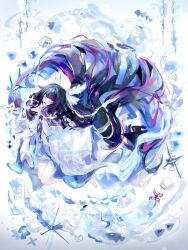  1girl abstract artist_name closed_eyes columbina_(genshin_impact) crystal dress dynamic_pose floating floating_hair floating_object genshin_impact glowing hair_ornament highres long_hair long_sidelocks luta_(luta_1013) multicolored_hair ornate pastel_colors shards sidelocks solo sparkle streaked_hair two-tone_hair very_long_hair white_dress white_headdress white_wings wing_hair_ornament wings 