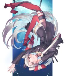  1girl amatsukaze_(kancolle) amatsukaze_kai_ni_(kancolle) black_choker black_jacket boots brown_eyes choker commentary_request grey_hair jacket kantai_collection long_hair long_sleeves maesakichitose necktie red_thigh_boots rensouhou-kun rudder_footwear solo thigh_boots torpedo_tubes two_side_up underwater upside-down very_long_hair white_necktie zettai_ryouiki 