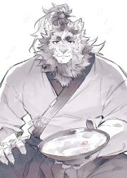 1boy absurdres animal_ears astosis_(live_a_hero) cherry_blossoms claws commentary_request cup furry furry_male hagiography highres lion_boy lion_ears lion_mane live_a_hero looking_at_viewer male_focus partially_colored pawpads ponytail sakazuki scar scar_on_face sitting smile whiskers 