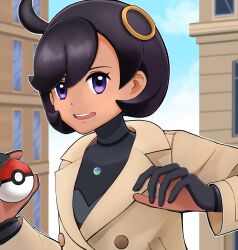  1girl :d black_gloves black_hair building clouds commentary_request day emma_(pokemon) gloves hands_up highres holding holding_poke_ball jacket okimori_(ibcax_gvva97) open_mouth outdoors poke_ball poke_ball_(basic) pokemon pokemon_legends:_z-a ring_hair_ornament short_hair side_ahoge sky smile solo teeth upper_body upper_teeth_only violet_eyes window 