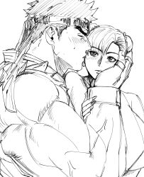  1boy 1girl absurdres blush bun_cover chun-li commentary_request double_bun hair_bun highres kiss kissing_cheek korean_commentary lineart monochrome muscular muscular_male ryu_(street_fighter) sketch spiky_hair street_fighter tetpyu 