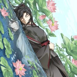  1boy 5138p afloat black_eyes black_hair black_hanfu chinese_clothes closed_eyes closed_mouth different_reflection dutch_angle eyelashes flower grandmaster_of_demonic_cultivation grey_eyes hanfu highres korean_commentary leaf lily_pad long_hair long_sleeves lotus lotus_leaf lotus_pod lying male_focus on_back outdoors parted_lips pink_flower ponytail red_sash reflection robe sash sidelocks sleeping smile solo water wei_wuxian wide_sleeves 