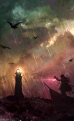  1girl absurdres arknights bird boat commentary dire_illus highres holding holding_lantern irene_(arknights) lantern lighthouse long_hair on_boat outdoors overcast rain scenery silhouette sky solo standing twitter_username water watercraft wide_shot 