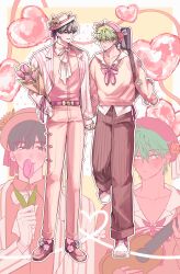  2boys absurdres alien_stage alternate_costume black_eyes black_hair bouquet bow bowtie brown_pants chocorocotan collared_shirt flower green_eyes green_hair hat hat_flower heart highres holding holding_bouquet holding_hands holding_instrument holding_ukulele instrument instrument_case instrument_case_on_back ivan_(alien_stage) jacket male_focus multiple_boys pants pink_bow pink_bowtie pink_flower pink_hat pink_jacket pink_pants pink_shirt pink_sweater pink_theme pink_tulip rose shirt striped_clothes striped_jacket sweater till_(alien_stage) tulip ukulele vertical-striped_clothes vertical-striped_jacket white_bow white_bowtie white_jacket white_shirt 