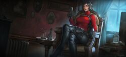  1girl absurdres ada_wong black_gloves black_hair bob_cut book book_stack bottle breasts chair chest_holster crossed_legs dress dutch_angle elbow_rest gloves gun handgun highres holding holding_gun holding_weapon holster indoors light_rays night photo_(object) portrait_(object) red_dress red_lips resident_evil resident_evil_4 rgate smile solo table thigh_holster turtleneck turtleneck_dress weapon wide_shot 