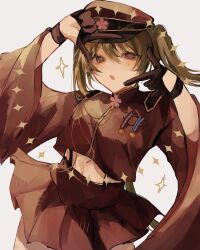  1girl brown_shirt brown_skirt cherry_blossoms finger_frame gloves green_hair half_gloves hat hatsune_miku highres looking_at_viewer military_hat military_uniform navel open_mouth pleated_skirt senbonzakura_(vocaloid) shirt skirt star_(symbol) twintails uruha0118 vocaloid 