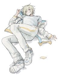  1boy arm_up blonde_hair closed_mouth ensemble_stars! full_body hair_over_one_eye highres invisible_floor jacket looking_to_the_side lying male_focus nnnyanrrr official_alternate_costume on_back open_clothes open_jacket pants shirt shoes short_hair simple_background sneakers tenshouin_eichi white_background white_jacket white_pants white_shirt white_shoes 