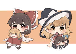  2girls apron black_hat black_skirt blonde_hair blue_bow blush bow braid brown_eyes brown_hair closed_mouth commentary_request detached_sleeves frilled_bow frilled_hair_tubes frills hair_bow hair_tubes hakurei_reimu hat hat_bow highres kirisame_marisa long_hair multi-source_commentary multiple_girls open_mouth red_bow red_skirt side_braid single_braid sitting skirt smile touhou uzuki_(amayadori) waist_apron white_apron white_bow witch_hat yellow_eyes yukkuri_shiteitte_ne 