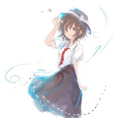  1girl :3 adjusting_clothes adjusting_headwear black_hat black_skirt blush_stickers bow brown_eyes brown_hair closed_mouth collared_shirt commentary hat hat_bow highres looking_at_viewer necktie red_necktie ribbon-trimmed_skirt ribbon_trim shirt shirt_tucked_in short_sleeves skirt solo standing touhou unfinished usami_renko uwazumi white_background white_shirt wind 