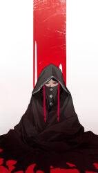  1girl absurdres black_hair black_robe fate/strange_fake fate_(series) highres hood hood_up hooded_robe limited_palette looking_at_viewer mouth_veil no_name_assassin_(fate) red_eyes robe solo straight-on veil zonotaida 