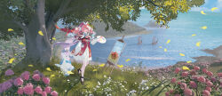  1girl absurdres black_shoes blue_hair canvas_(object) commentary_request day dress easel falling_leaves floating_hair flower full_body gradient_hair grass green_eyes hat highres holding holding_paint_palette holding_paintbrush honkai:_star_rail honkai_(series) hyacine_(honkai:_star_rail) leaf little_ica_(honkai:_star_rail) long_sleeves looking_at_viewer multicolored_hair nature ocean one_eye_closed open_mouth outdoors paint_palette paintbrush painting_(object) pantyhose pink_hair red_dress red_hat scenery senbonsang ship shoes solo tree watercraft white_pantyhose 