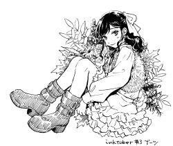  1girl boots buckle closed_mouth commentary_request flower frills full_body highres inktober knees_up long_hair long_sleeves looking_at_viewer monochrome risou_to_koi saotome_misuzu smile solo youhe_hino 