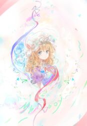  1girl blonde_hair blue_eyes blush closed_mouth commentary dress gap_(touhou) hat hat_ribbon highres long_hair maribel_hearn mob_cap neck_ribbon puffy_short_sleeves puffy_sleeves purple_dress red_ribbon ribbon short_sleeves solo touhou uwazumi white_hat 