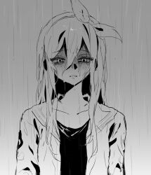  1girl aubrey_(faraway)_(omori) aubrey_(omori) collarbone crying crying_with_eyes_open double-parted_bangs gradient_background greyscale hair_between_eyes hairband jacket long_hair looking_at_viewer monochrome omori open_clothes open_jacket open_mouth rain rou_(h_s_sinrin) sidelocks simple_background solo tears upper_body 