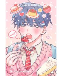 1boy alien_stage alternate_costume artist_name backpack bag black_eyes black_hair blush cake cake_slice chocorocotan collared_shirt cupcake diagonal-striped_clothes diagonal-striped_necktie food fork fruit hair_ornament hairclip heart heart_hair_ornament holding holding_fork ivan_(alien_stage) male_focus necktie open_mouth pink_sweater polka_dot polka_dot_background portrait pudding red_necktie red_pupils shirt solo star_(symbol) strawberry striped_clothes striped_necktie sweater white_shirt 
