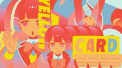 1girl :o :| blazer blue_eyes blue_hair blue_jacket blunt_bangs blunt_ends bow bowtie card center-flap_bangs closed_mouth collared_shirt commentary dot_nose double-parted_bangs dress_shirt drop_shadow english_text expressionless gradient_clothes gradient_eyes gradient_hair gradient_jacket hair_ornament hairclip hand_up highres holding holding_card jacket jitome lapels limited_palette long_hair looking_at_viewer looking_to_the_side multicolored_eyes multicolored_hair multicolored_jacket multiple_views nijisanji no_lineart notched_lapels ofhe098 open_mouth parallel_hairclips portrait recurring_image red_bow red_bowtie red_hair school_uniform shirt tsukino_mito tsukino_mito_(1st_costume) two-tone_hair two-tone_jacket upside-down v-shaped_eyebrows virtual_youtuber wing_collar 