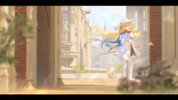  1girl absurdres artist_logo blonde_hair blue_eyes blue_sash blue_sky blurry blurry_foreground chromatic_aberration commentary day english_commentary hat highres holding holding_staff letterboxed logo long_hair looking_to_the_side outdoors pantyhose phoebe_(wuthering_waves) qurami sash shirt skirt sky smile solo staff tacet_mark_(wuthering_waves) white_hat white_pantyhose white_shirt white_skirt wind wuthering_waves 