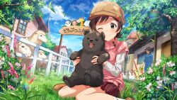  2girls ;) animal bear_cub brown_hair brown_hat brown_shoes brown_skirt card_commentary checkered_clothes checkered_skirt closed_mouth commentary_request day game_asset green_eyes hat holding holding_animal idolmaster idolmaster_million_live! idolmaster_million_live!_theater_days kinoshita_hinata layered_sleeves long_sleeves miniskirt multiple_girls official_art on_ground one_eye_closed outdoors petting_zoo pink_sweater sheep shoes short_hair short_over_long_sleeves short_sleeves sitting skirt smile solo_focus sweater third-party_source wariza 