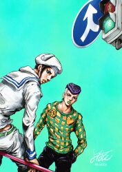  2boys absurdres aqua_background belt black_hair black_pants brooch checkered_clothes checkered_shirt commentary commentary_request green_belt green_lips green_shirt grey_hair hand_in_pocket hat heart heart_brooch highres jewelry jojo_no_kimyou_na_bouken jojolion kaib0y kira_yoshikage_(jojolion) kujo_josefumi long_sleeves makeup male_focus multicolored_hair multiple_boys pants peace_symbol pompadour purple_hair road_sign sailor sailor_collar sailor_hat shirt sign signature traffic_light twitter_username two-tone_hair undercut violet_eyes white_hat white_pants white_sailor_collar white_shirt yellow_shirt 