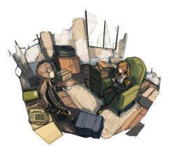  1010kman 2girls bowl box broken_window cabinet cardboard_box cup drawer girls_frontline highres holding holding_bowl holding_cup holding_spoon long_hair multiple_girls rebar ruins spoon ump45_(girls'_frontline) ump9_(girls'_frontline) wooden_floor 