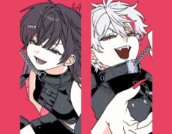  1boy 1girl bags_under_eyes bare_shoulders black_collar black_hair black_jacket black_shirt black_shorts blue_eyes border breasts butter_uu chain chain_leash chain_necklace collar commentary double-parted_bangs earrings fangs fingernails from_above hair_between_eyes hair_ornament hairclip half-closed_eyes high_collar highres holding_own_leash hoop_earrings jacket jacket_partially_removed jewelry kuzuha_(nijisanji) leash long_fingernails long_hair looking_at_viewer lower_teeth_only messy_hair midriff mole mole_under_eye multicolored_hair multicolored_jacket multiple_earrings necklace nijisanji official_alternate_costume open_mouth parallel_hairclips pillarboxed portrait punk reaching reaching_towards_viewer red_background red_border red_eyes red_jacket red_nails red_streaks sharp_fingernails shirt short_hair short_shorts shorts simple_background single_hair_streak sleeveless sleeveless_shirt small_breasts smirk smug streaked_hair teeth tsukino_mito two-sided_fabric two-sided_jacket two-tone_jacket upper_teeth_only v-shaped_eyebrows virtual_youtuber white_hair wispy_bangs 