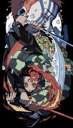 3boys akaza_(kimetsu_no_yaiba) arms_up black_hair black_jacket blue_eyes buttons checkered_haori commentary_request demon_slayer_uniform fire gold_buttons haori high_collar highres holding holding_sword holding_weapon jacket japanese_clothes katana kikkoumon kimetsu_no_yaiba looking_at_viewer low_ponytail male_focus multiple_boys pink_hair ponytail print_haori red_haori short_hair spiky_hair sword tomioka_giyuu twitter_username water weapon zelzmd 