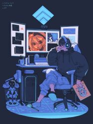  1boy absurdres black_background black_hoodie bukimi_isan chair character_request commentary_request computer crossed_legs eye_mask gaming_chair headphones highres holding hood hood_down hoodie indoors mask pants robot shoes shy_(character) shy_(series) sitting socks solo sweat sweatdrop swivel_chair table webcam 