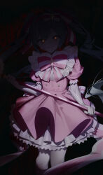  1girl absurdres bow bowtie commentary dress elbow_gloves gloves glowing glowing_eyes hatsune_miku highres holding holding_staff ima_sugu_rinne_(vocaloid) lo-ta looking_at_viewer pink_bow pink_bowtie pink_dress shaded_face solo staff striped_bow striped_bowtie striped_clothes two-tone_bow two-tone_bowtie white_bow white_bowtie white_gloves 