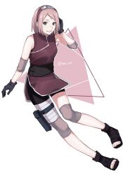  1girl black_gloves black_shorts breasts commentary_request facial_mark forehead_mark full_body gloves green_eyes haruno_sakura highres konohagakure_symbol looking_at_viewer naruto:_the_last naruto_(series) open-toe_shoes pink_hair red_shirt shirt short_hair shorts sleeveless sleeveless_shirt small_breasts smile solo twitter_username xxx_oi7 