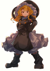  1girl :< absurdres black_boots black_coat black_gloves blonde_hair bloomers blush_stickers boots bow braid brown_eyes buttons coat commentary_request forbidden_scrollery frills from_below frown full_body gloves hair_bow hands_on_own_hips hat highres kirisame_marisa koxapfi4jyljb0d long_hair looking_at_viewer looking_down official_alternate_costume petticoat purple_bow shirt simple_background single_braid socks solo split_mouth square_neckline standing touhou white_background white_bloomers white_shirt white_socks winter_clothes witch_hat 
