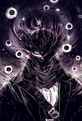  1boy belt bloodborne buckle chain coat commentary eyeball fire hat hunter_(bloodborne) mask monochrome mouth_mask one_eye_covered overcoat solo sparkle star_(symbol) tricorne tumitumico upper_body 