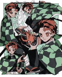  1boy belt black_jacket black_pants border brown_eyes brown_hair checkered_haori commentary_request demon_slayer_uniform drawing_sword earrings full_body furrowed_brow green_background hanafuda_earrings haori highres holding holding_sword holding_weapon jacket japanese_clothes jewelry kamado_tanjirou katana kimetsu_no_yaiba male_focus multiple_views open_mouth pants sandals scar scar_on_face scar_on_forehead short_hair smile sword tabi twitter_username upper_body weapon white_belt white_border zelzmd 
