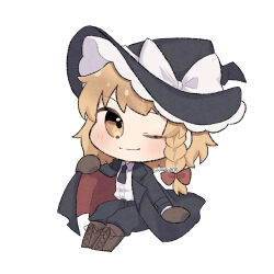  1girl alternate_costume ascot black_ascot black_coat black_pants blonde_hair boots bow braid brown_boots chibi chibi_only coat collared_shirt commentary_request hair_bow hat hat_bow highres kirisame_marisa lace-up_boots long_hair multi-source_commentary open_clothes open_coat pants red_bow shirt side_braid single_braid smile solo touhou twitter_username uzuki_(amayadori) white_bow white_shirt witch_hat yellow_eyes 