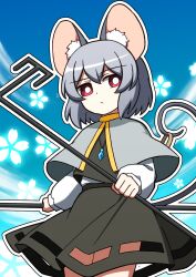  1girl :/ animal_ear_fluff animal_ears black_skirt black_vest blue_sky bright_pupils capelet closed_mouth commentary_request cowboy_shot crystal day dot_nose dowsing_rod flower_symbol grey_capelet grey_hair hair_between_eyes highres holding holding_with_tail hoshii_1213 jewelry legs_together light_blush long_sleeves looking_to_the_side mouse_ears mouse_girl mouse_tail nazrin necklace outdoors outline prehensile_tail red_eyes shirt short_hair skirt skirt_cutout sky solo tail touhou vest white_outline white_pupils white_shirt yellow_trim 