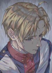  1girl ahoge aida_ma456 america_(hetalia) axis_powers_hetalia blonde_hair blue_eyes blue_jacket buttons closed_mouth collared_jacket commentary_request cropped_torso empty_eyes eyelashes grey_sky half-closed_eyes highres jacket lips long_sleeves looking_to_the_side male_focus military military_jacket military_uniform outdoors rain sad sash short_hair sky solo upper_body wet wet_clothes wet_hair white_sash 