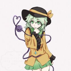  1girl black_hat blush bow buttons closed_mouth collared_shirt commentary_request diamond_button disembodied_linked_eye eyeball floral_print frilled_shirt_collar frilled_sleeves frills green_eyes green_hair green_skirt hair_between_eyes hat hat_bow heart heart_of_string koishi_day komeiji_koishi long_sleeves looking_at_viewer medium_hair omisoshirutan print_skirt rose_print shirt simple_background skirt smile solo touhou watermark wide_sleeves yellow_bow yellow_shirt 