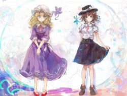  2girls alternate_neckwear black_hat black_skirt blonde_hair blue_eyes blush boots bow brown_boots brown_eyes brown_hair buttons closed_mouth collared_dress collared_shirt commentary contrast_collar dress flower frilled_shirt_collar frills hair_bow hat hat_bow highres holding_own_skirt long_hair maribel_hearn medium_hair mob_cap multiple_girls neck_ribbon open_mouth own_hands_together purple_dress red_ribbon red_shoes ribbon sash shirt shoes short_sleeves sketch_inset skirt smile standing touhou usami_renko uwazumi waist_bow white_bow white_hat white_sash white_shirt 