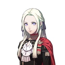  1girl artist_request breasts cape closed_mouth edelgard_von_hresvelg fire_emblem fire_emblem:_three_houses garreg_mach_monastery_uniform hair_ribbon highres lips long_hair looking_at_viewer official_art purple_ribbon red_cape ribbon simple_background smile solo transparent_background upper_body violet_eyes white_hair 