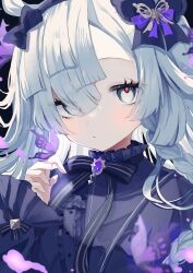  1girl absurdres black_bow black_bowtie black_butterfly black_dress blunt_ends bow bow_hairband bowtie braid brooch bug butterfly catriona closed_mouth commentary_request dress frilled_dress frilled_sleeves frills gothic_lolita grey_eyes hair_over_one_eye hairband highres jewelry karunabaru lolita_fashion long_hair looking_at_viewer red_pupils shadowverse shadowverse:_worlds_beyond 