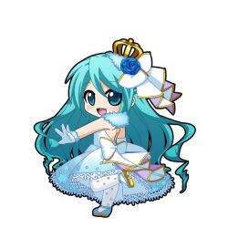  1girl :d ankle_strap aqua_eyes aqua_hair asymmetrical_gloves back_bow backless_dress backless_outfit black_outline blue_collar blue_dress blue_flower blue_rose blue_shoes blush bow chibi chibi_only collar crown curled_ends dress elbow_gloves fascinator flower full_body fur-trimmed_gloves fur_collar fur_trim game_asset gloves hair_between_eyes hair_bow hatsune_miku hatsune_miku_graphy_collection long_hair looking_at_viewer mini_crown open_mouth outline pantyhose rose shoes sleeveless sleeveless_dress smile snowflake_print solo standing standing_on_one_leg transparent_background very_long_hair vocaloid white_bow white_gloves white_pantyhose 