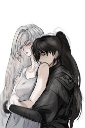  1boy 1girl absurdres black_hair black_robe black_tunic closed_eyes commentary curtained_hair dress english_commentary from_side grey_dress head_on_another's_shoulder hetero high_ponytail highres hug hug_from_behind illithii long_hair nephis_(shadow_slave) ponytail robe shadow_slave shoulder_pads sunny_(shadow_slave) tunic upper_body white_hair 