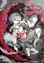  1girl buttons chinese_commentary collared_shirt commentary_request dated disembodied_linked_eye eyeball falling_petals floral_print flower frilled_shirt_collar frilled_sleeves frills full_body hair_between_eyes hair_ornament hairband heart heart_button heart_hair_ornament highres komeiji_satori long_sleeves looking_at_viewer partially_colored petals print_skirt qingwa_chi_she red_eyes red_flower red_petals red_rose ribbon-trimmed_collar ribbon_trim rose rose_print shirt short_hair signature skirt slippers solo touhou wide_sleeves 