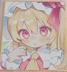  1girl ascot blonde_hair blush bow collared_shirt commentary_request crystal crystal_wings flandre_scarlet frilled_shirt_collar frilled_wrist_cuffs frills hair_between_eyes hat hat_bow highres looking_at_viewer mob_cap moni_monico one_side_up photo_(medium) red_bow red_eyes red_nails red_vest shikishi shirt solo touhou traditional_media upper_body vest white_hat white_shirt wings wrist_cuffs yellow_ascot 