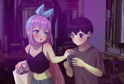  1boy 1girl aqua_hairband aubrey_(faraway)_(omori) aubrey_(omori) bar_(place) black_camisole black_eyes black_hair blue_eyes blue_shorts bow_hairband brown_shirt camisole commentary_request dendenmushi1064 denim denim_shorts earplugs hairband highres long_hair nail_polish omori photo_background pink_hair scar scar_on_face shirt shorts sunny_(omori) t-shirt 