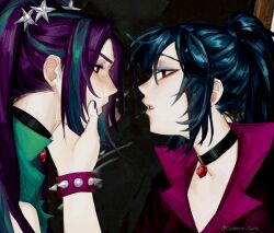 2girls alternate_skin_color annoyed aria_blaze aria_blaze_(human) bare_arms bare_shoulders black_background black_choker blue_eyeshadow blue_hair blue_streaks bracelet brown_jacket cadence_sniffa cheek_pinching choker closed_mouth collared_jacket equestria_girls:_rainbow_rocks expressionless eye_contact eyes_visible_through_hair eyeshadow face-to-face from_side gem green_jacket hair_between_eyes hair_ornament hair_tie hand_on_another's_cheek hand_on_another's_face hand_up high_ponytail highres jacket jewelry long_hair looking_at_another makeup multicolored_hair multiple_girls my_little_pony my_little_pony:_equestria_girls my_little_pony:_friendship_is_magic nail_polish pale_skin parted_lips pendant_choker photo_background pinching ponytail portrait profile purple_eyeshadow purple_hair purple_nails raised_eyebrows red_eyes red_gem sidelocks sideways_mouth skirt sleeveless sleeveless_jacket sonata_dusk sonata_dusk_(human) spiked_bracelet spikes star_(symbol) star_hair_ornament streaked_hair torn_clothes torn_jacket twintails twitter_username two-tone_hair v-shaped_eyebrows violet_eyes 