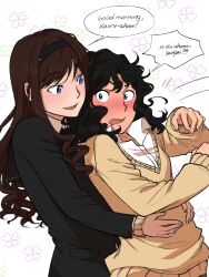  !? 2girls absurdres amagami black_eyes black_hair black_hairband black_jacket black_suit blue_eyes blush brown_hair commentary_request cosmokyrin curly_hair english_text fanfiction_available floral_background good_morning hairband hand_on_another's_stomach high_collar highres hug hug_from_behind jacket layered_sleeves long_hair long_sleeves looking_at_another looking_to_the_side medium_hair morishima_haruka multiple_girls nose_blush open_mouth shirt smile speech_bubble suit surprise_hug surprised sweater talking tanamachi_kaoru upper_body white_background white_shirt wide-eyed yellow_sweater 