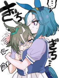  2girls ? admire_groove_(umamusume) ahoge animal_ears artist_request blue_hair bow breasts brown_hair commentary_request ear_bow ear_covers ear_ornament hair_over_one_eye hairband highres horse_ears horse_girl horse_tail hug multicolored_hair multiple_girls rulership_(umamusume) school_uniform short_hair short_hair_with_long_locks short_sleeves spoken_question_mark streaked_hair sweatdrop tail tracen_school_uniform umamusume upper_body violet_eyes white_hair white_streaks 